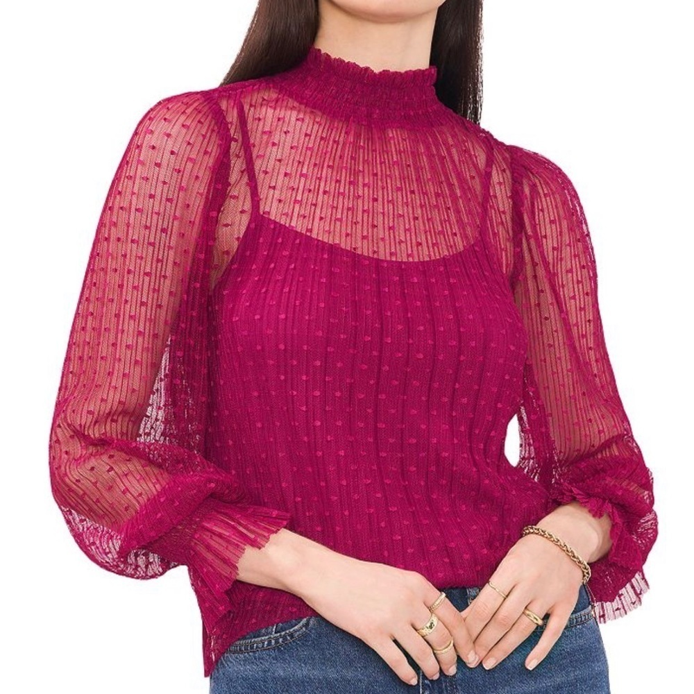 1.STATE Smocked Sheer Dot Top fuchsia XS